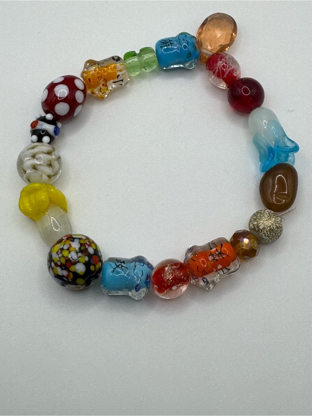 Whimsical Artisan Lampwork Glass Bead Stretch Bracelet Mixed Charm Chunky